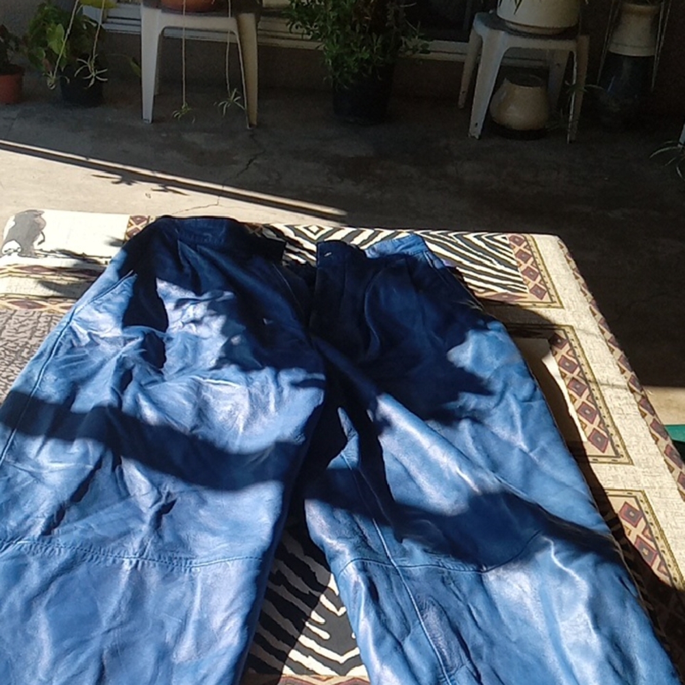 NANCY HELLER BLUE LEATHER PANTS